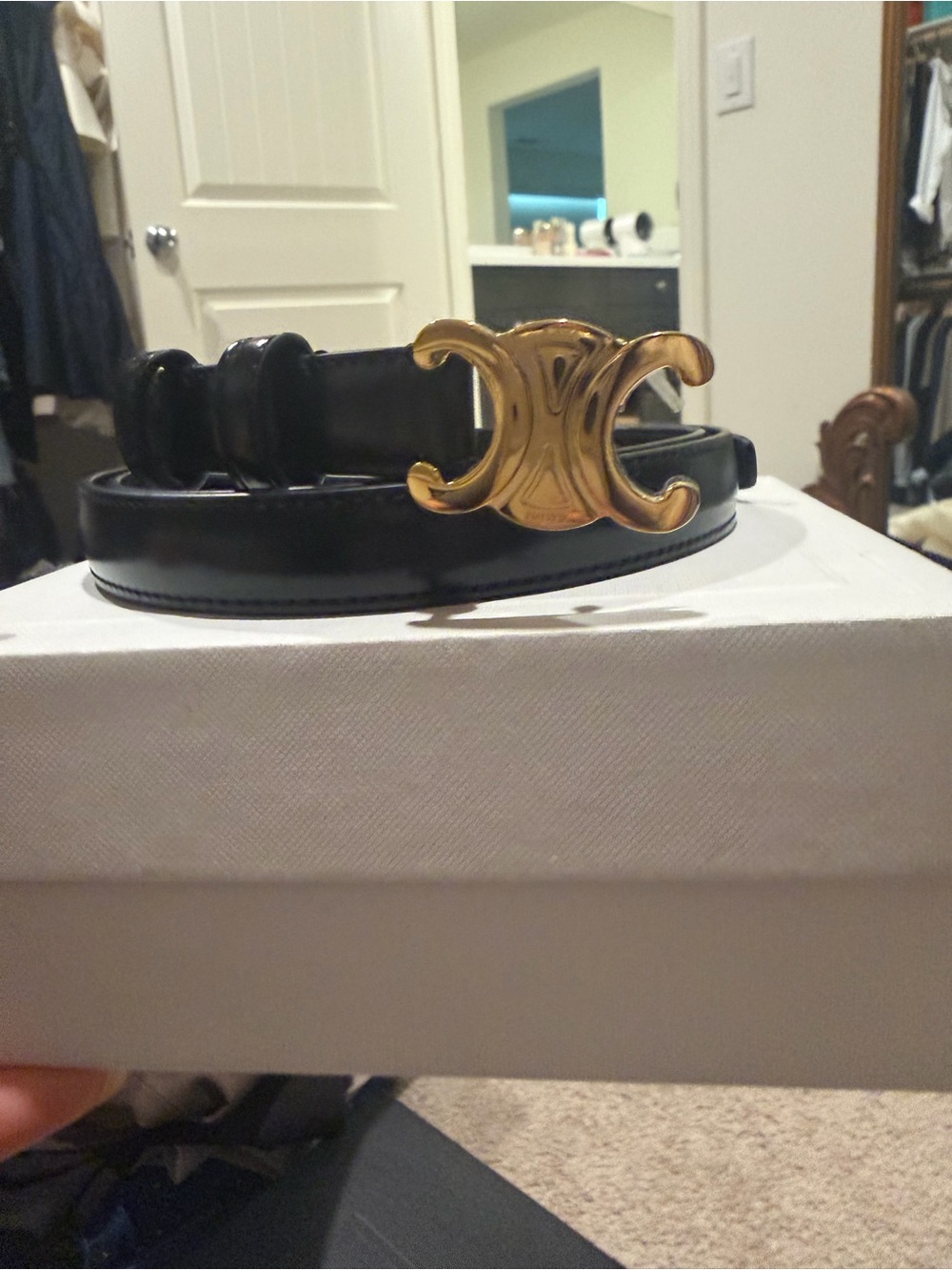 Celine Black Leather Belt with Gold Double C Buckle